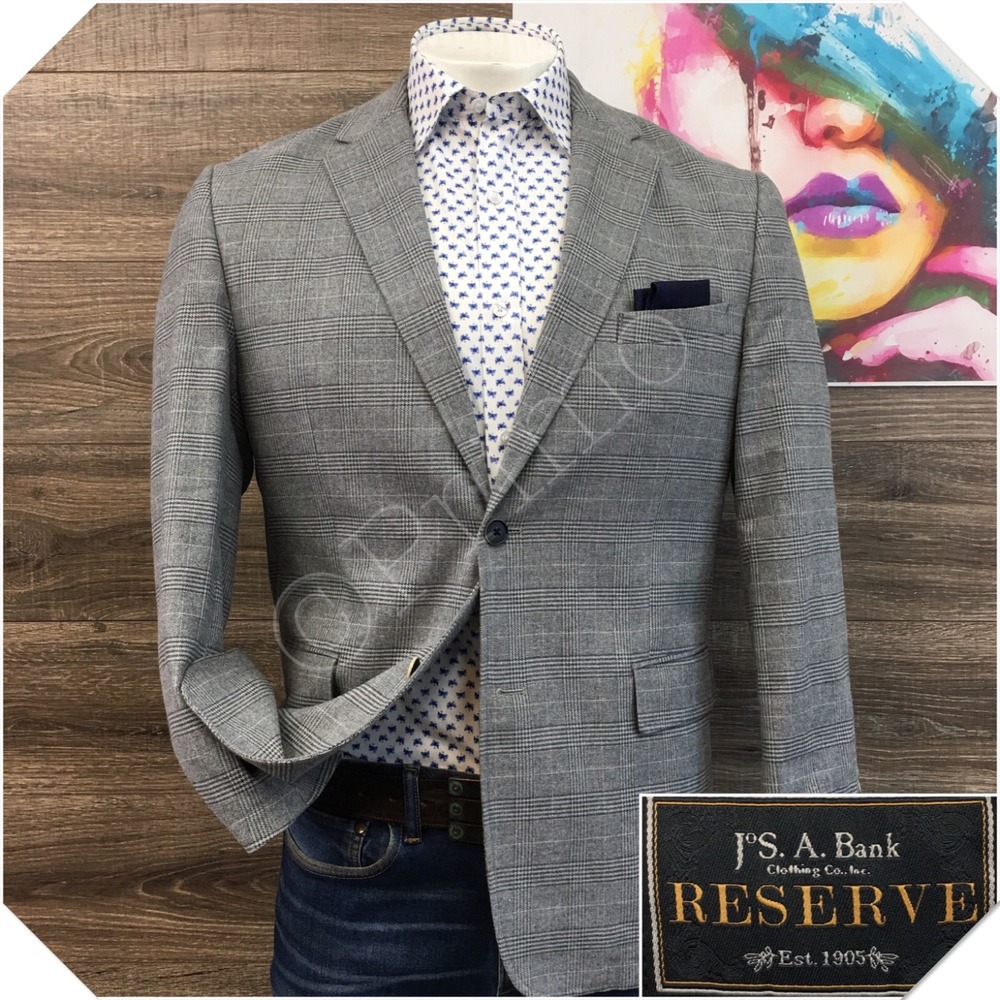 JOS A BANK‎ Mens Cotton Blazer Sport Coat Casual Jacket Size XL (42R) Gray Suit
